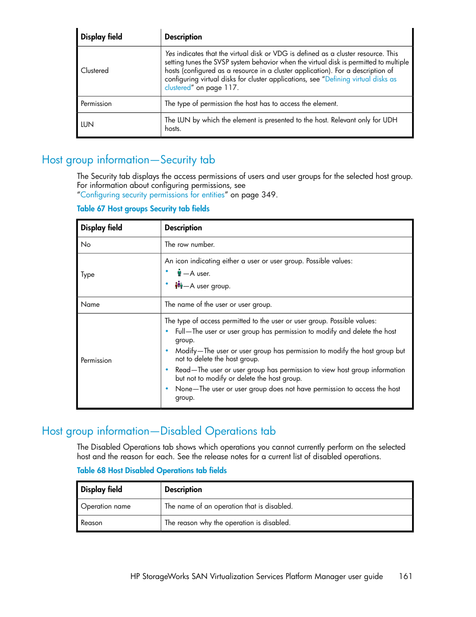 Host group information—security tab, Host group information—disabled operations tab, 161 host group information—disabled operations tab | Host groups security tab fields, Host disabled operations tab fields | HP SAN Virtualization Services Platform User Manual | Page 161 / 398