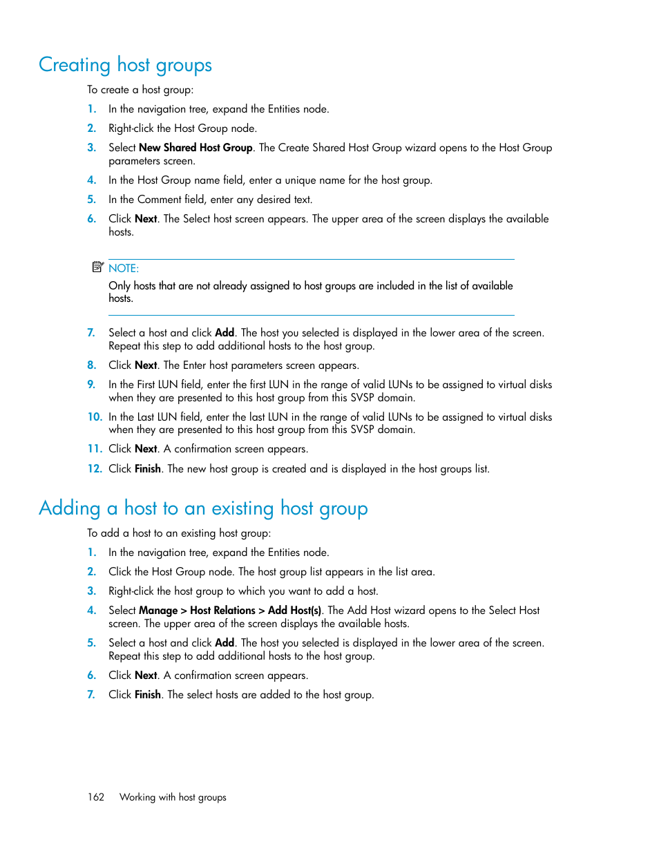 Creating host groups, Adding a host to an existing host group, 162 adding a host to an existing host group | HP SAN Virtualization Services Platform User Manual | Page 162 / 398