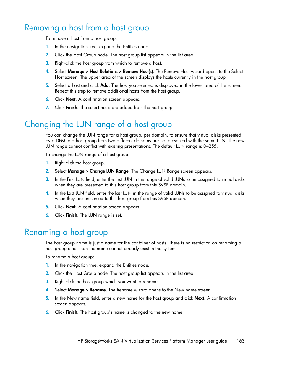 Removing a host from a host group, Changing the lun range of a host group, Renaming a host group | 163 changing the lun range of a host group, 163 renaming a host group | HP SAN Virtualization Services Platform User Manual | Page 163 / 398