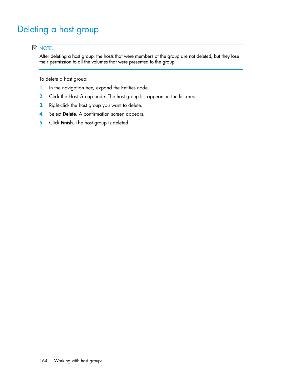 Deleting a host group | HP SAN Virtualization Services Platform User Manual | Page 164 / 398