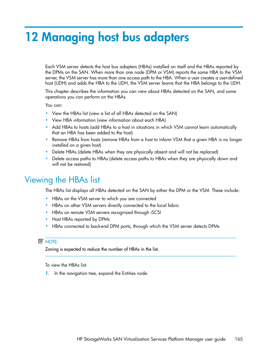 12 managing host bus adapters, Viewing the hbas list | HP SAN Virtualization Services Platform User Manual | Page 165 / 398