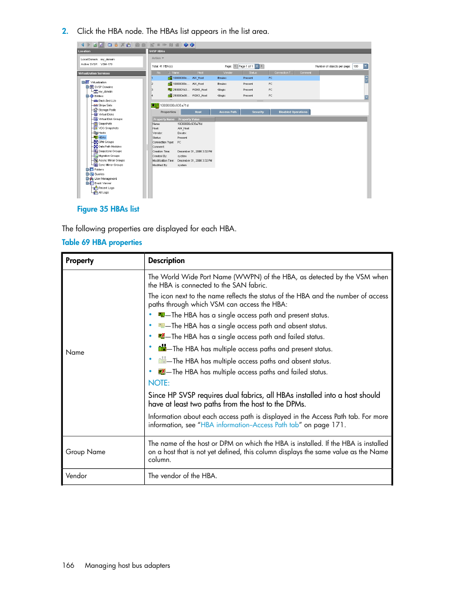 Hbas list, Hba properties | HP SAN Virtualization Services Platform User Manual | Page 166 / 398