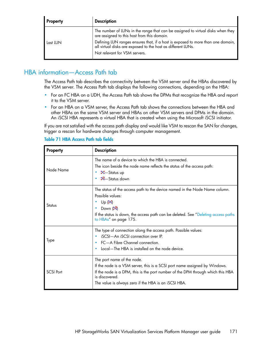 Hba information—access path tab, Hba access path tab fields | HP SAN Virtualization Services Platform User Manual | Page 171 / 398
