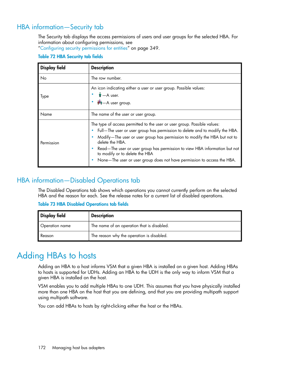 Hba information—security tab, Hba information—disabled operations tab, Adding hbas to hosts | 172 hba information—disabled operations tab, Hba security tab fields, Hba disabled operations tab fields | HP SAN Virtualization Services Platform User Manual | Page 172 / 398