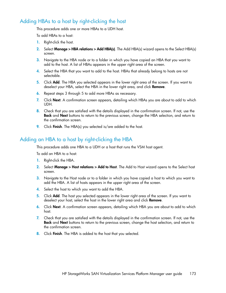 Adding hbas to a host by right-clicking the host, Adding an hba to a host by right-clicking the hba | HP SAN Virtualization Services Platform User Manual | Page 173 / 398