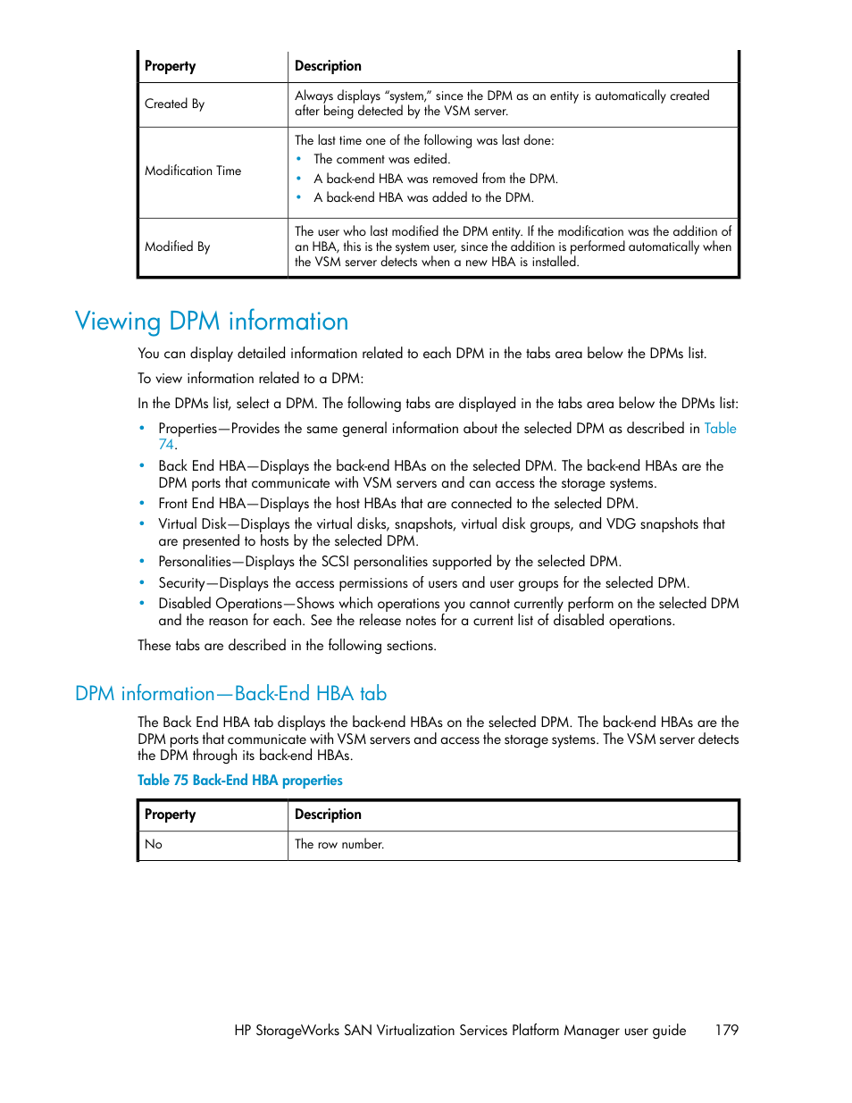 Viewing dpm information, Dpm information—back-end hba tab, Back-end hba properties | HP SAN Virtualization Services Platform User Manual | Page 179 / 398