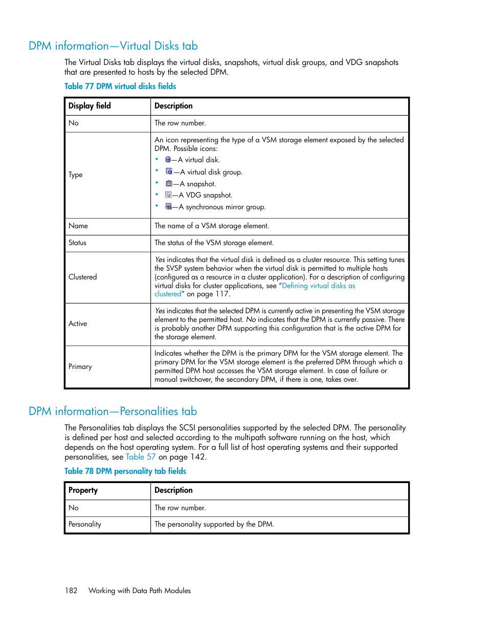 Dpm information—virtual disks tab, Dpm information—personalities tab, 182 dpm information—personalities tab | Dpm virtual disks fields, Dpm personality tab fields | HP SAN Virtualization Services Platform User Manual | Page 182 / 398