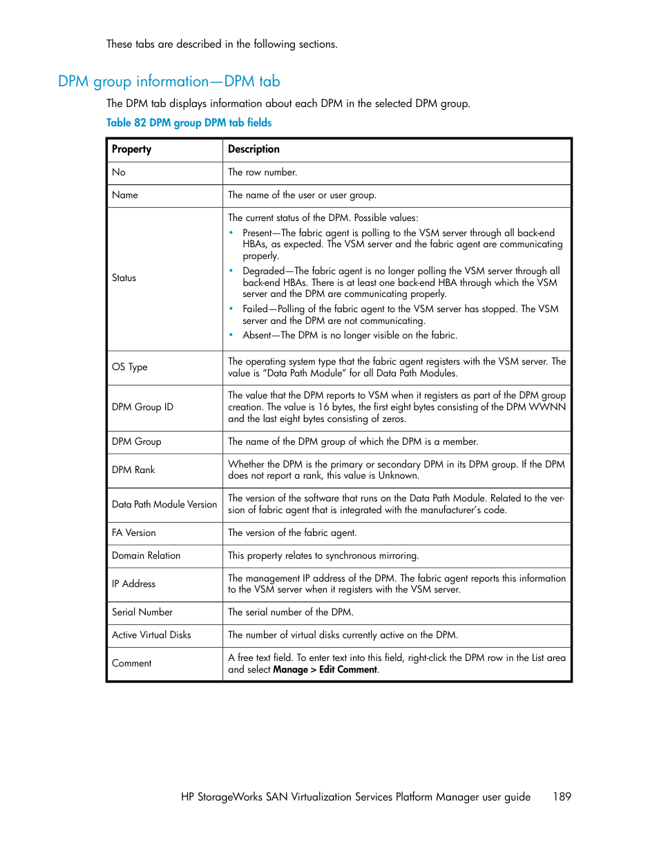 Dpm group information—dpm tab, Dpm group dpm tab fields | HP SAN Virtualization Services Platform User Manual | Page 189 / 398