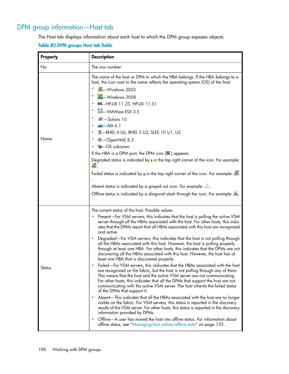 Dpm group information—host tab, Dpm groups host tab fields | HP SAN Virtualization Services Platform User Manual | Page 190 / 398