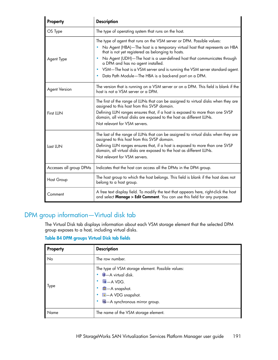Dpm group information—virtual disk tab, Dpm groups virtual disk tab fields | HP SAN Virtualization Services Platform User Manual | Page 191 / 398