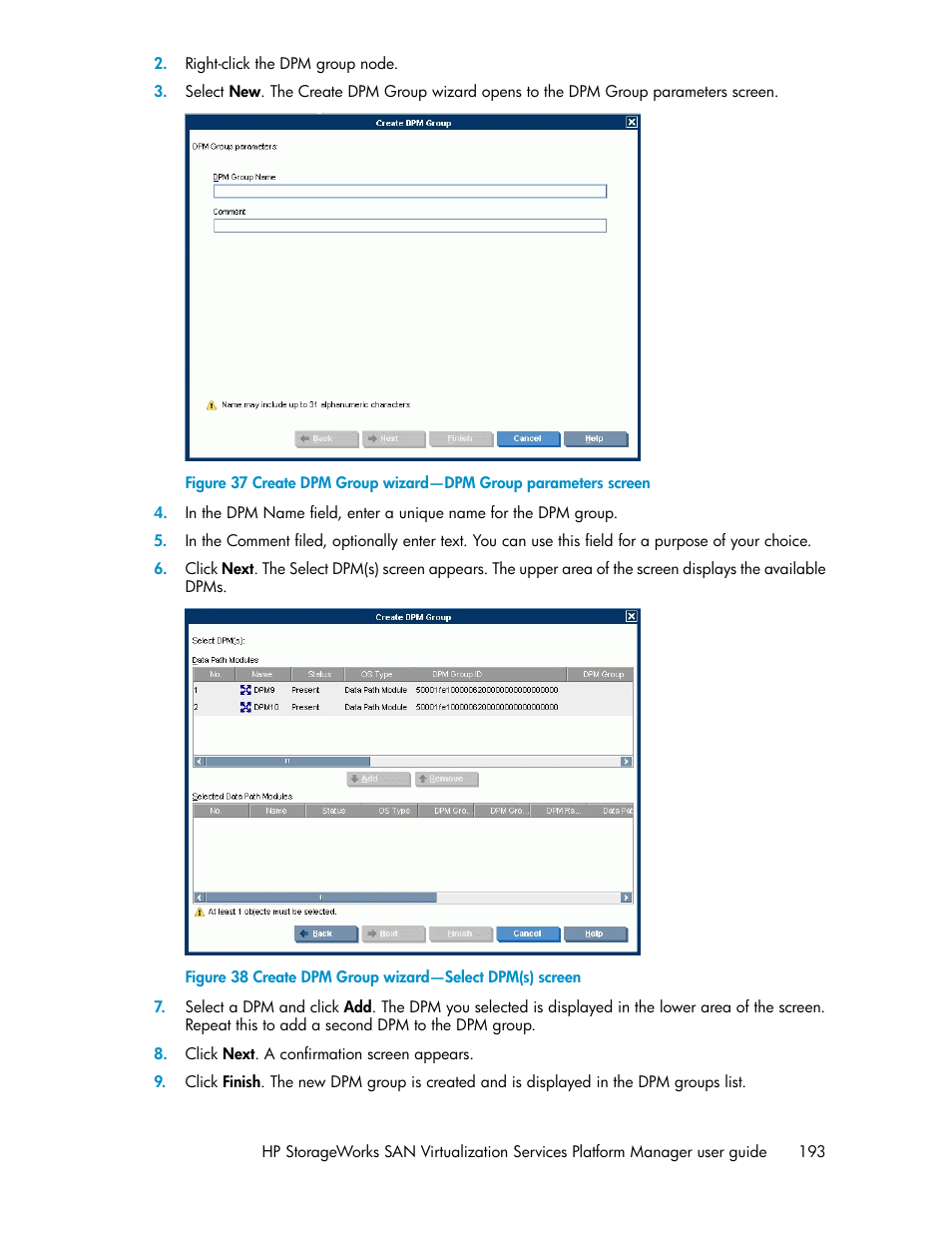 Create dpm group wizard—select dpm(s) screen | HP SAN Virtualization Services Platform User Manual | Page 193 / 398