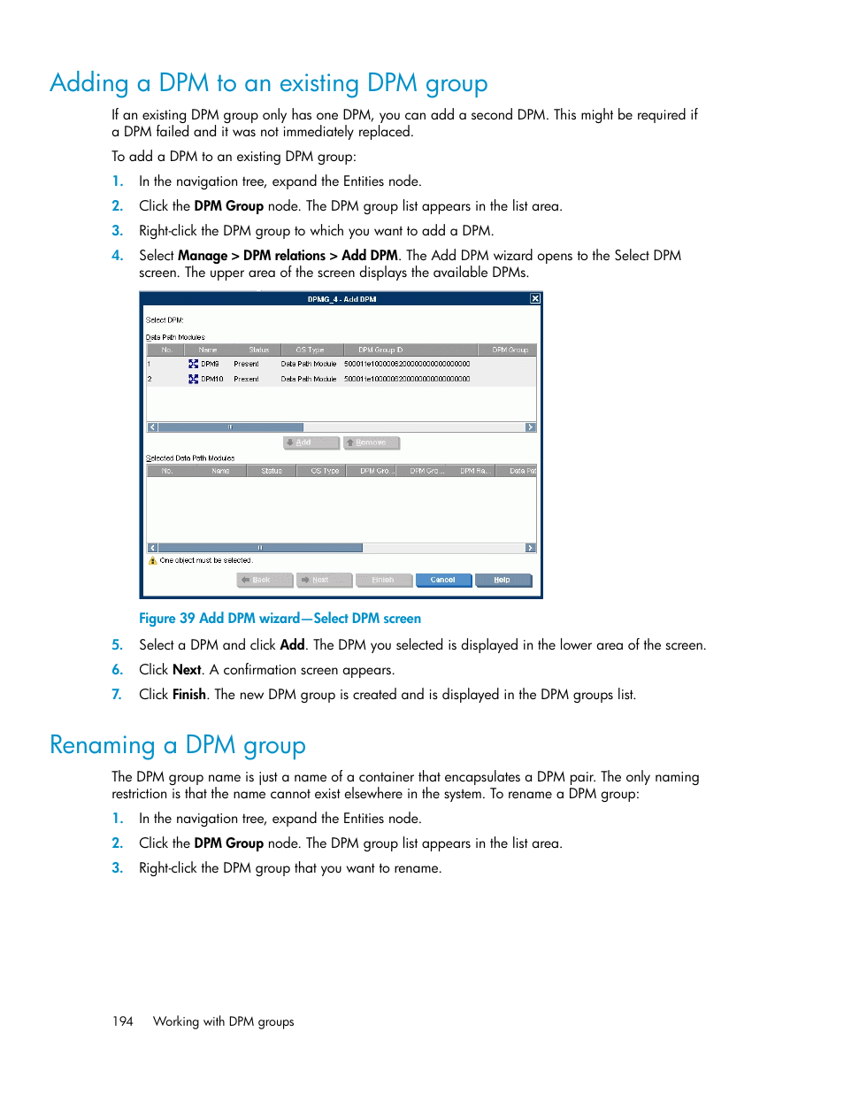 Adding a dpm to an existing dpm group, Renaming a dpm group, 194 renaming a dpm group | Add dpm wizard—select dpm screen | HP SAN Virtualization Services Platform User Manual | Page 194 / 398