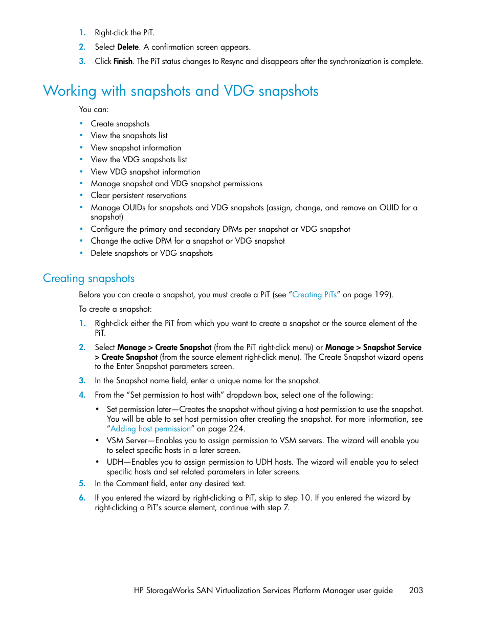 Working with snapshots and vdg snapshots, Creating snapshots | HP SAN Virtualization Services Platform User Manual | Page 203 / 398
