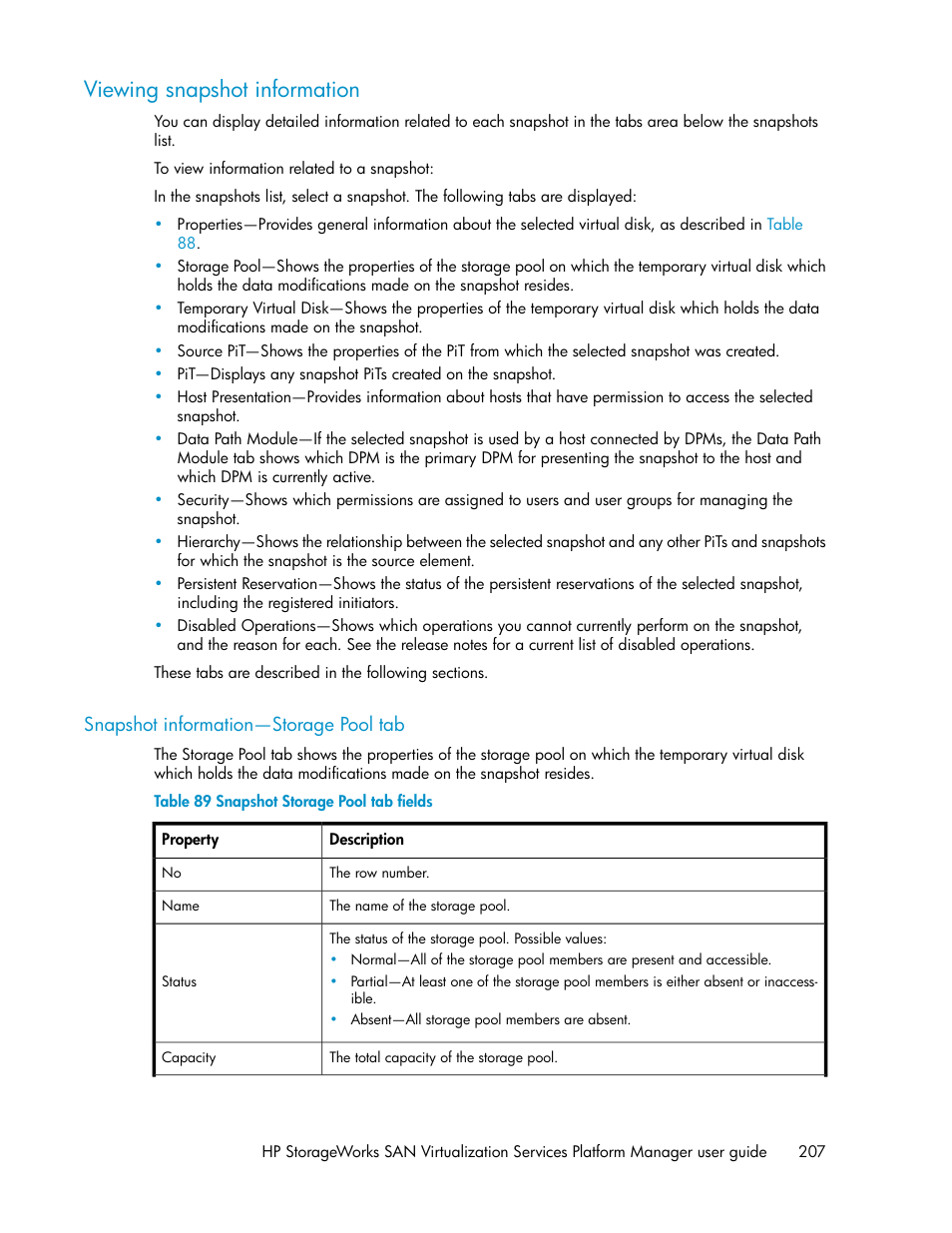 Viewing snapshot information, Snapshot information—storage pool tab, Snapshot storage pool tab fields | HP SAN Virtualization Services Platform User Manual | Page 207 / 398