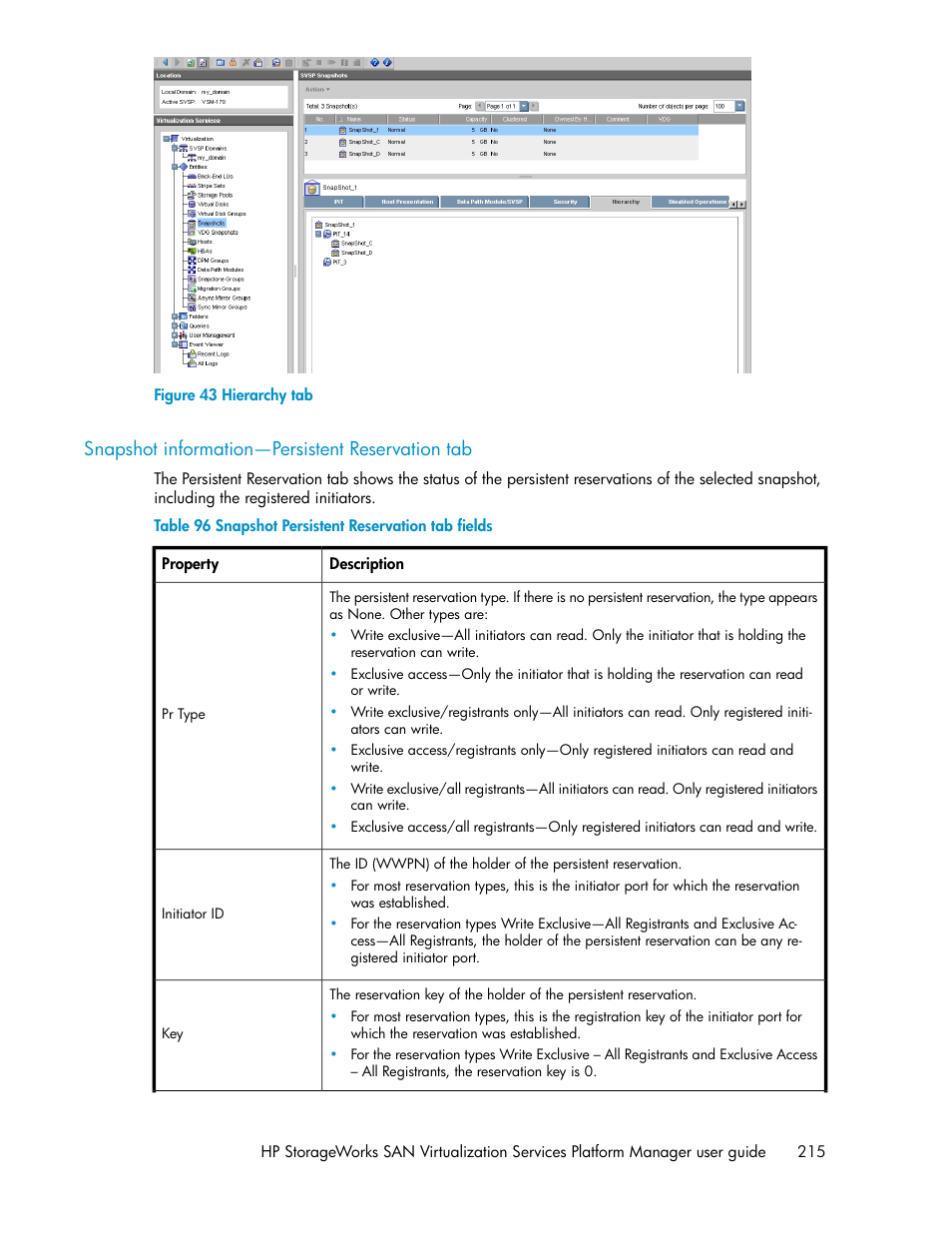 Snapshot information—persistent reservation tab, Hierarchy tab, Snapshot persistent reservation tab fields | HP SAN Virtualization Services Platform User Manual | Page 215 / 398