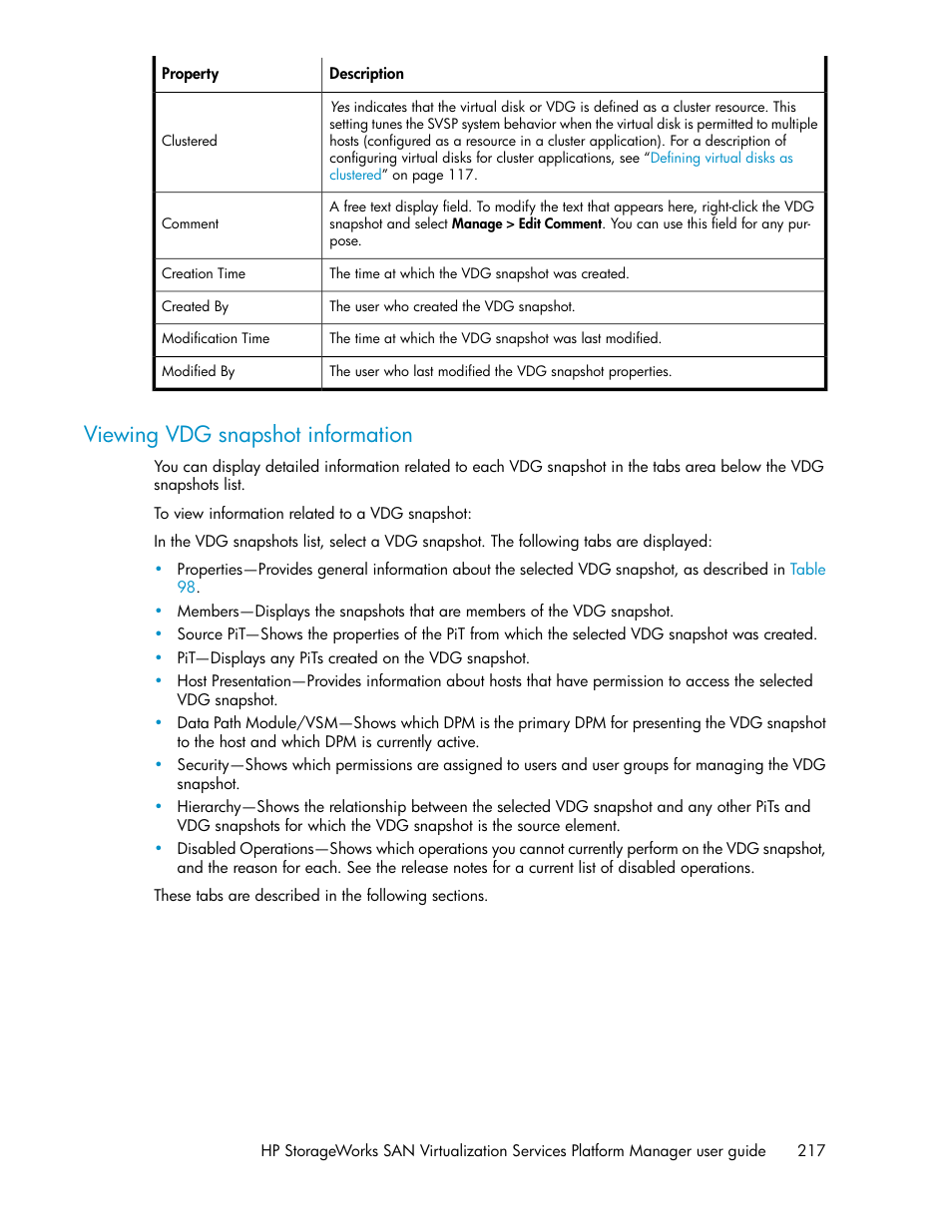 Viewing vdg snapshot information | HP SAN Virtualization Services Platform User Manual | Page 217 / 398