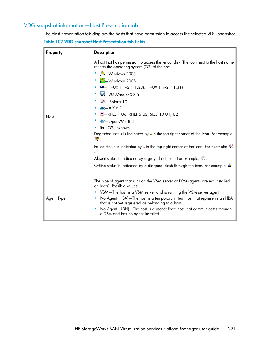 Vdg snapshot information—host presentation tab, Vdg snapshot host presentation tab fields | HP SAN Virtualization Services Platform User Manual | Page 221 / 398