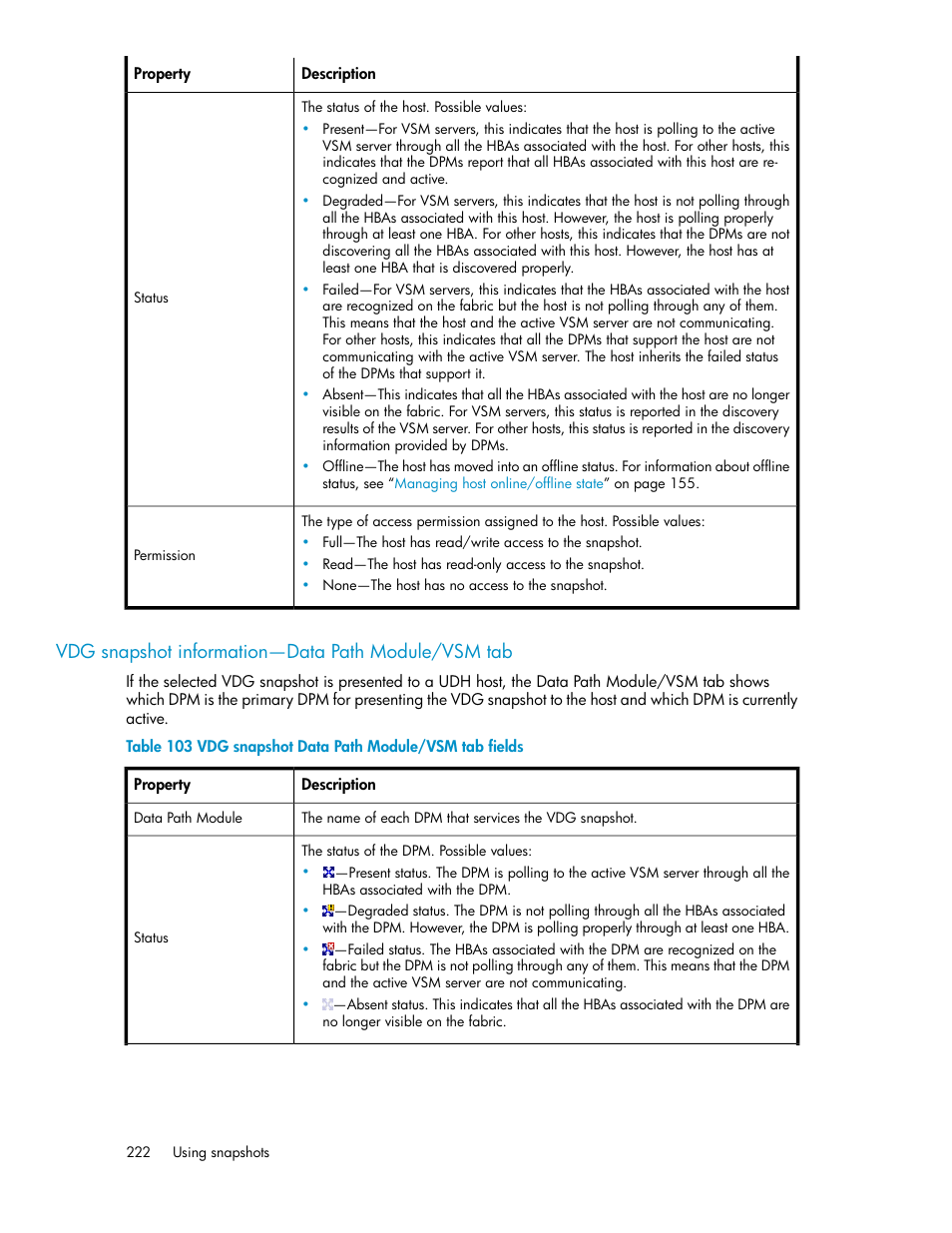 Vdg snapshot information—data path module/vsm tab, Vdg snapshot data path module/vsm tab fields | HP SAN Virtualization Services Platform User Manual | Page 222 / 398