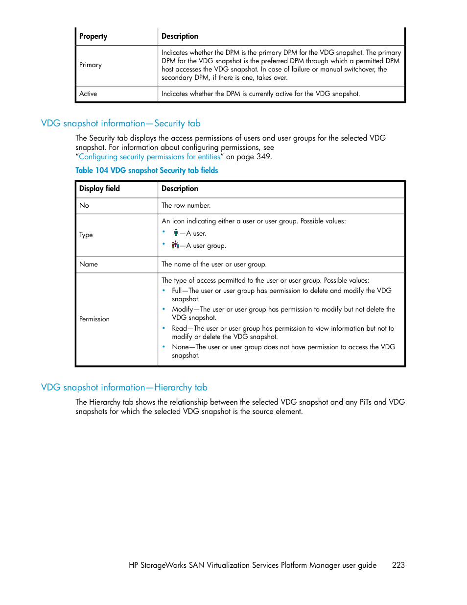Vdg snapshot information—security tab, Vdg snapshot information—hierarchy tab, 223 vdg snapshot information—hierarchy tab | Vdg snapshot security tab fields | HP SAN Virtualization Services Platform User Manual | Page 223 / 398