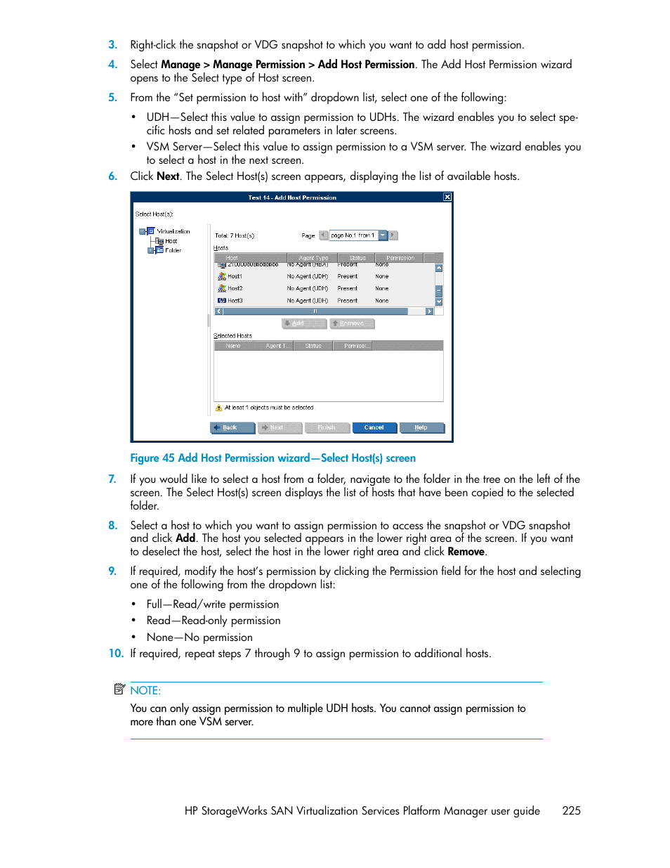 Add host permission wizard—select host(s) screen | HP SAN Virtualization Services Platform User Manual | Page 225 / 398