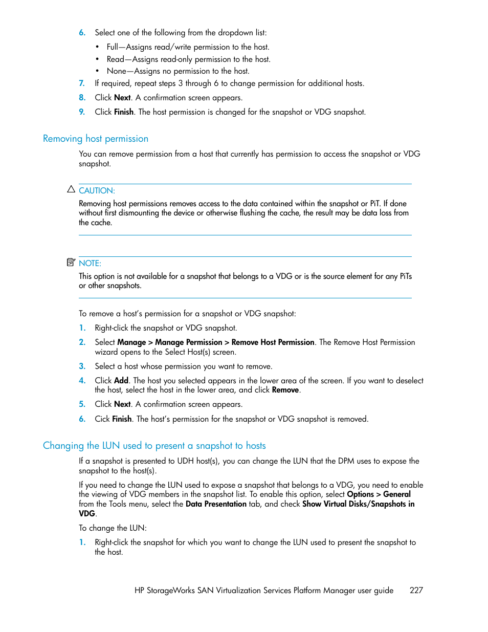 Removing host permission | HP SAN Virtualization Services Platform User Manual | Page 227 / 398