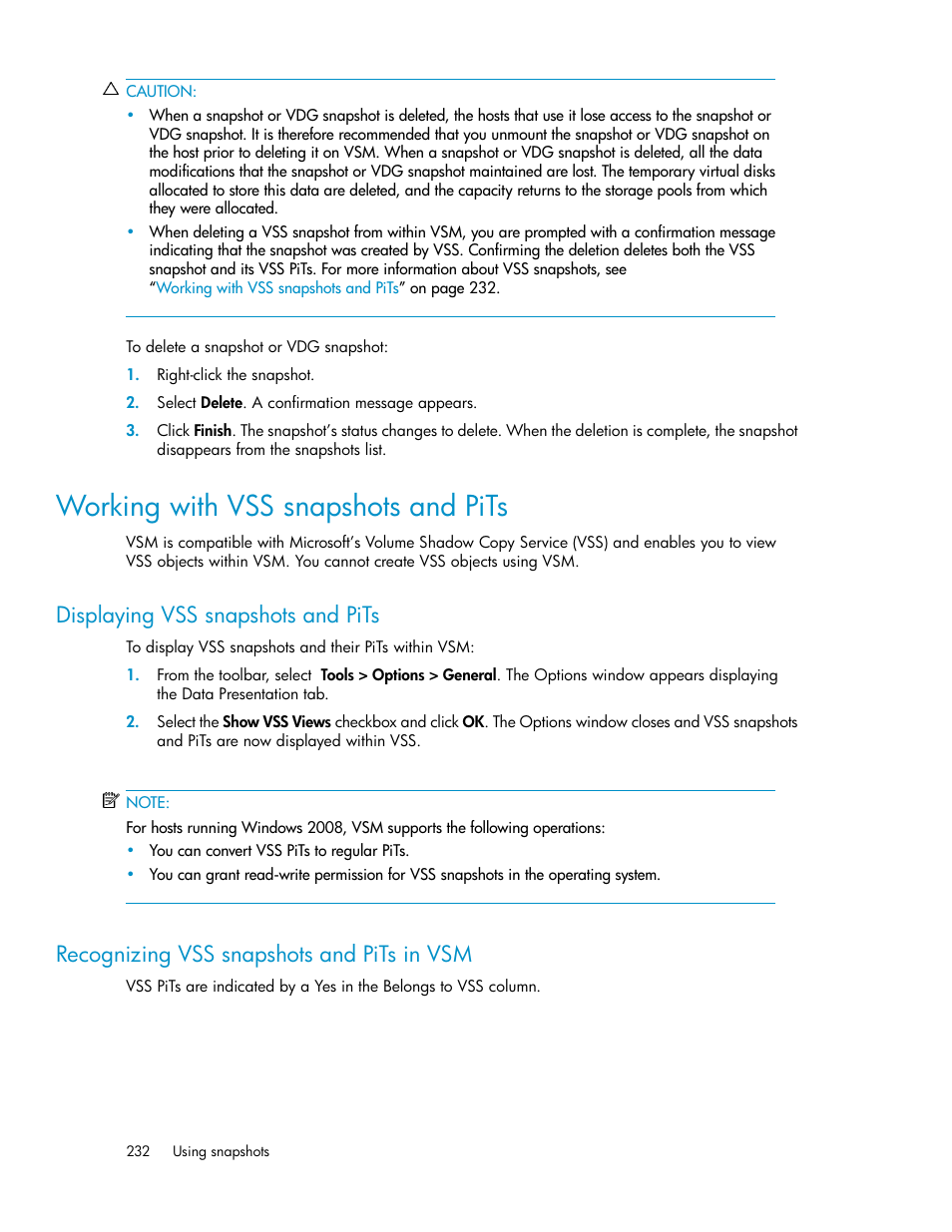 Working with vss snapshots and pits, Displaying vss snapshots and pits, Recognizing vss snapshots and pits in vsm | 232 recognizing vss snapshots and pits in vsm | HP SAN Virtualization Services Platform User Manual | Page 232 / 398