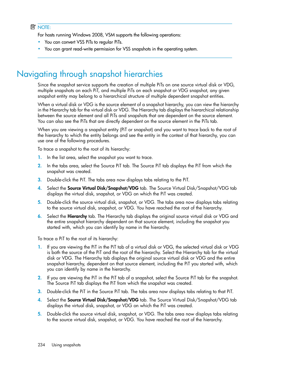 Navigating through snapshot hierarchies, Navig, Ating through snapshot hierarchies | Navigating through, Snapshot hierarchies | HP SAN Virtualization Services Platform User Manual | Page 234 / 398