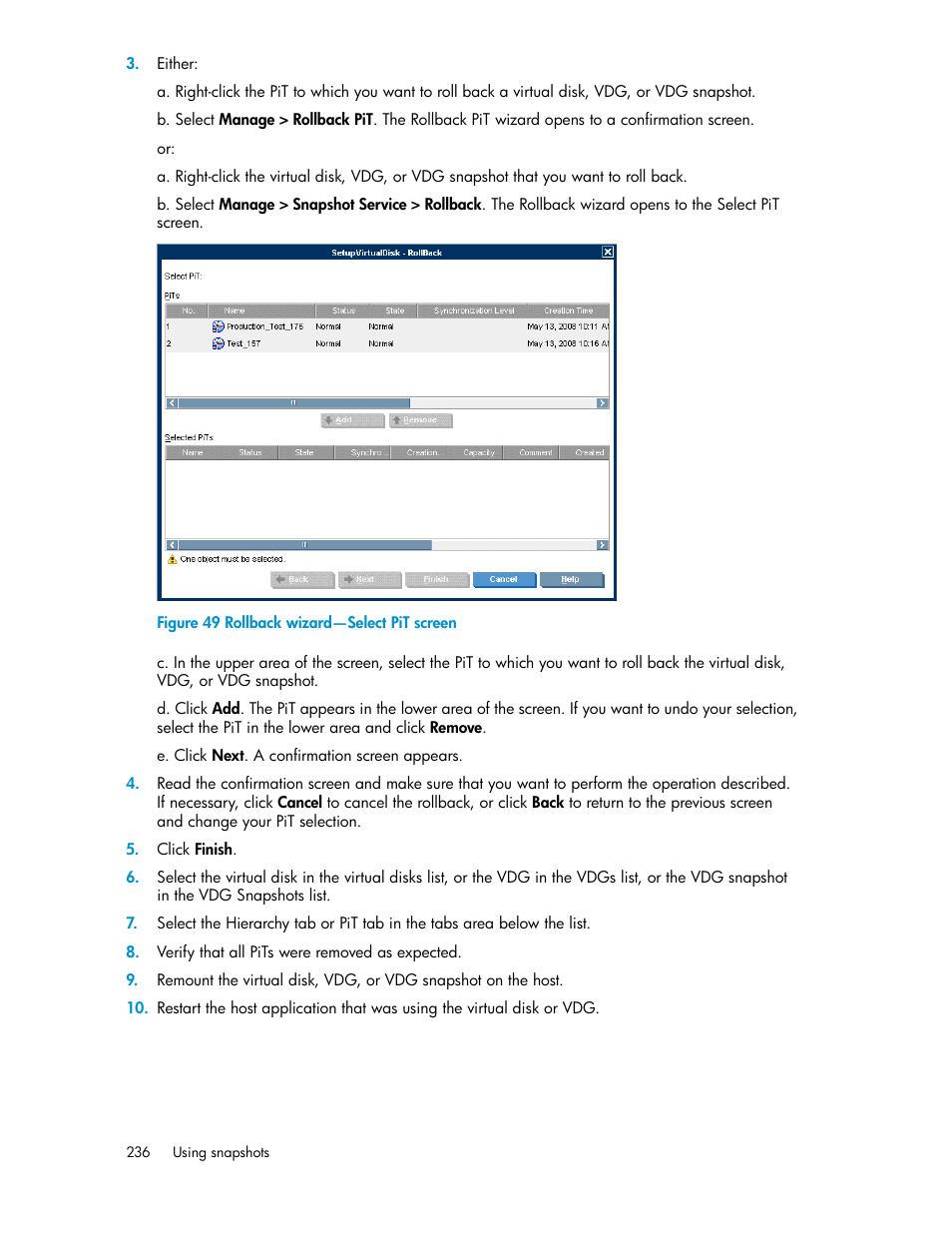 Rollback wizard—select pit screen | HP SAN Virtualization Services Platform User Manual | Page 236 / 398