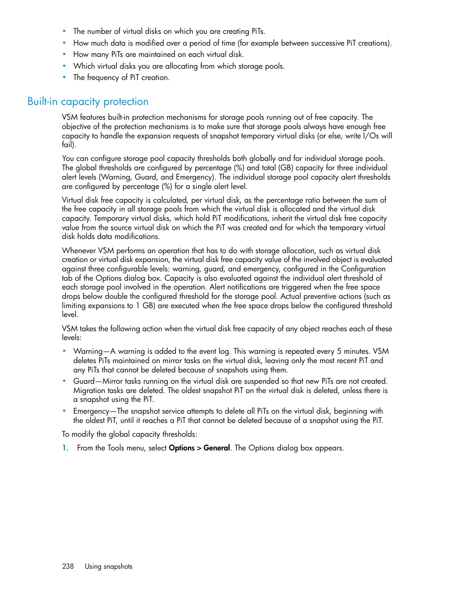 Built-in capacity protection | HP SAN Virtualization Services Platform User Manual | Page 238 / 398