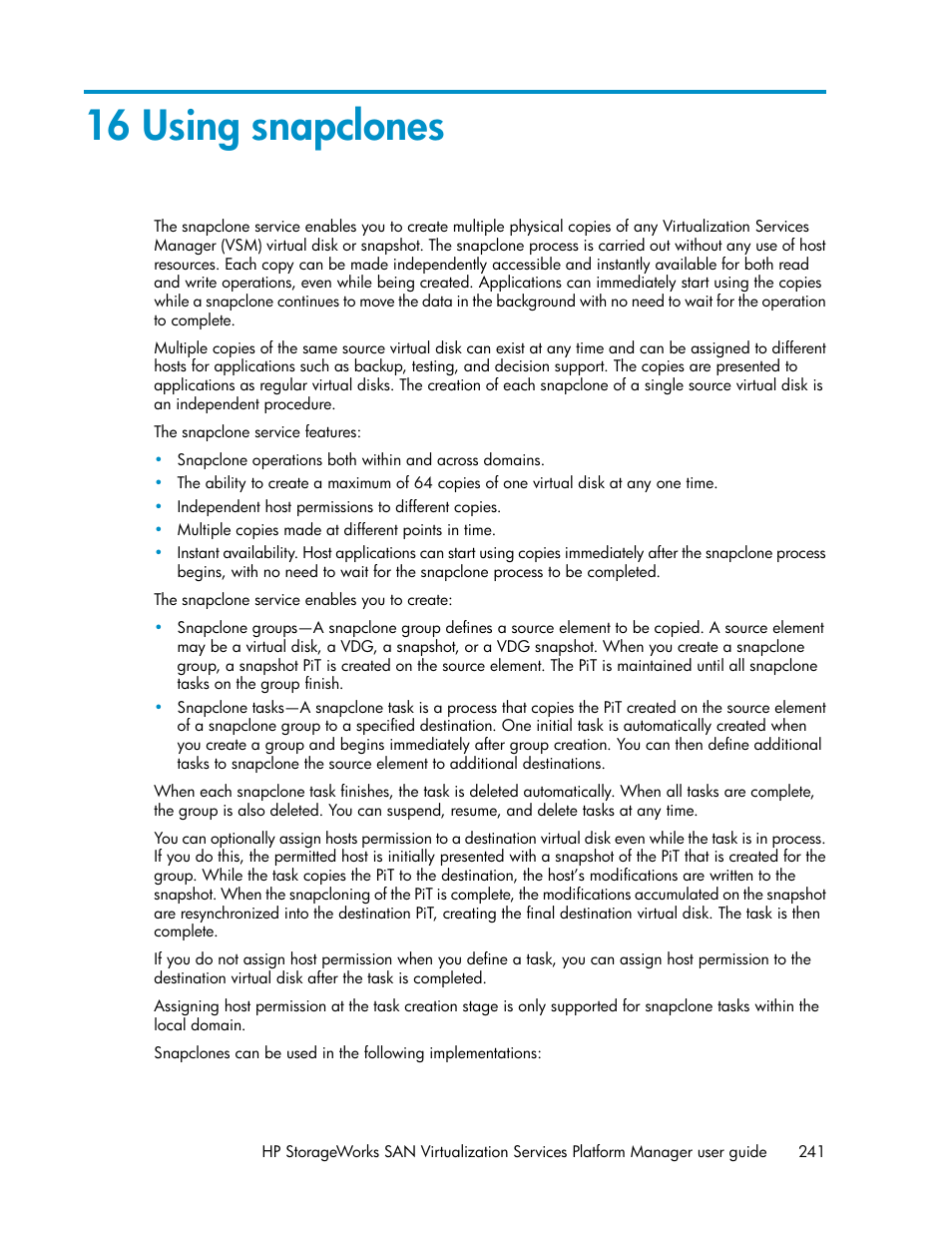 16 using snapclones, Using snapclones | HP SAN Virtualization Services Platform User Manual | Page 241 / 398