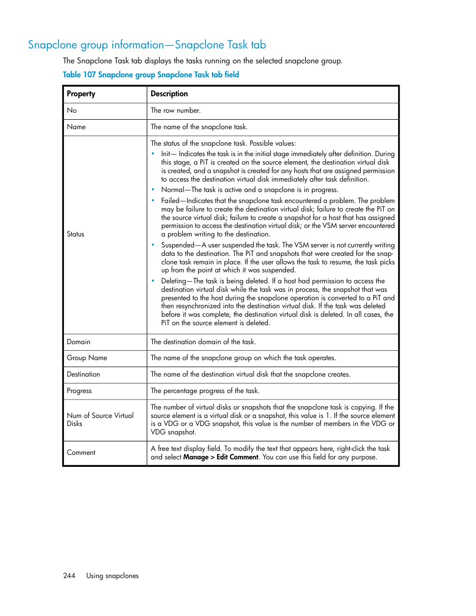 Snapclone group information—snapclone task tab, Snapclone group snapclone task tab field | HP SAN Virtualization Services Platform User Manual | Page 244 / 398