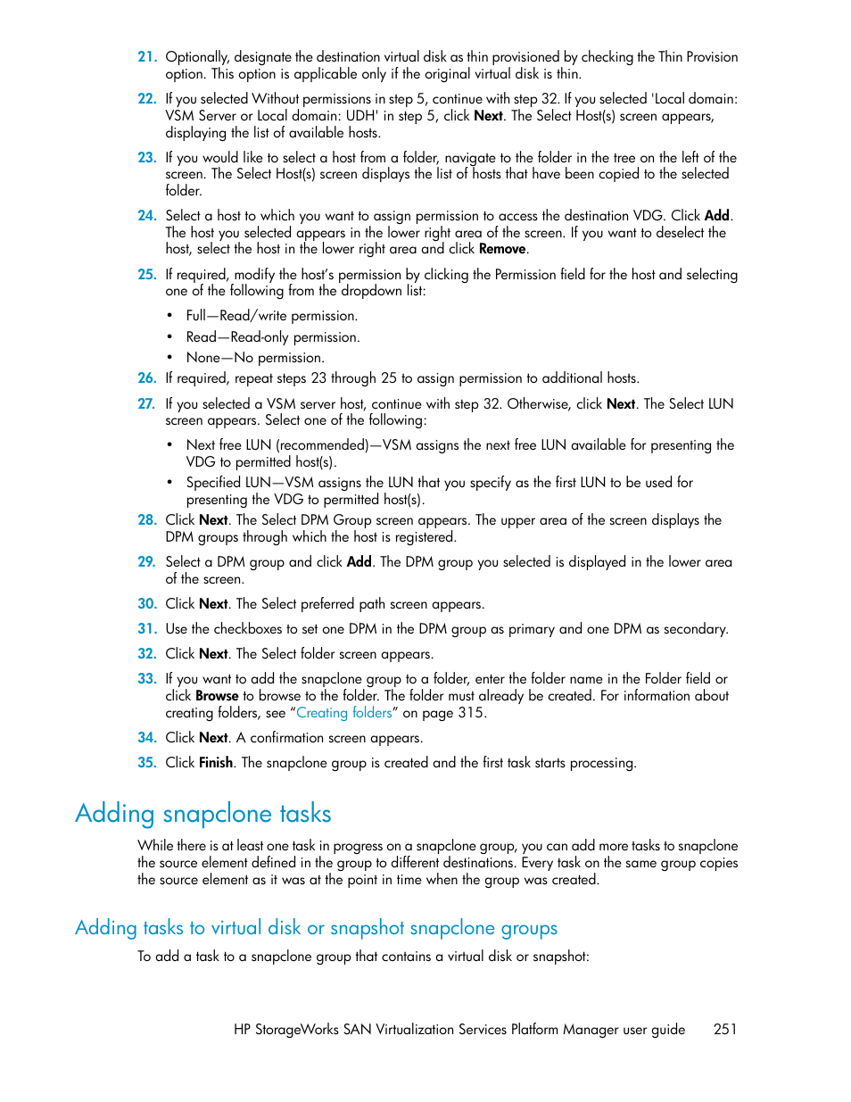 Adding snapclone tasks | HP SAN Virtualization Services Platform User Manual | Page 251 / 398