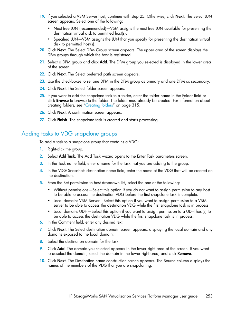 Adding tasks to vdg snapclone groups | HP SAN Virtualization Services Platform User Manual | Page 253 / 398