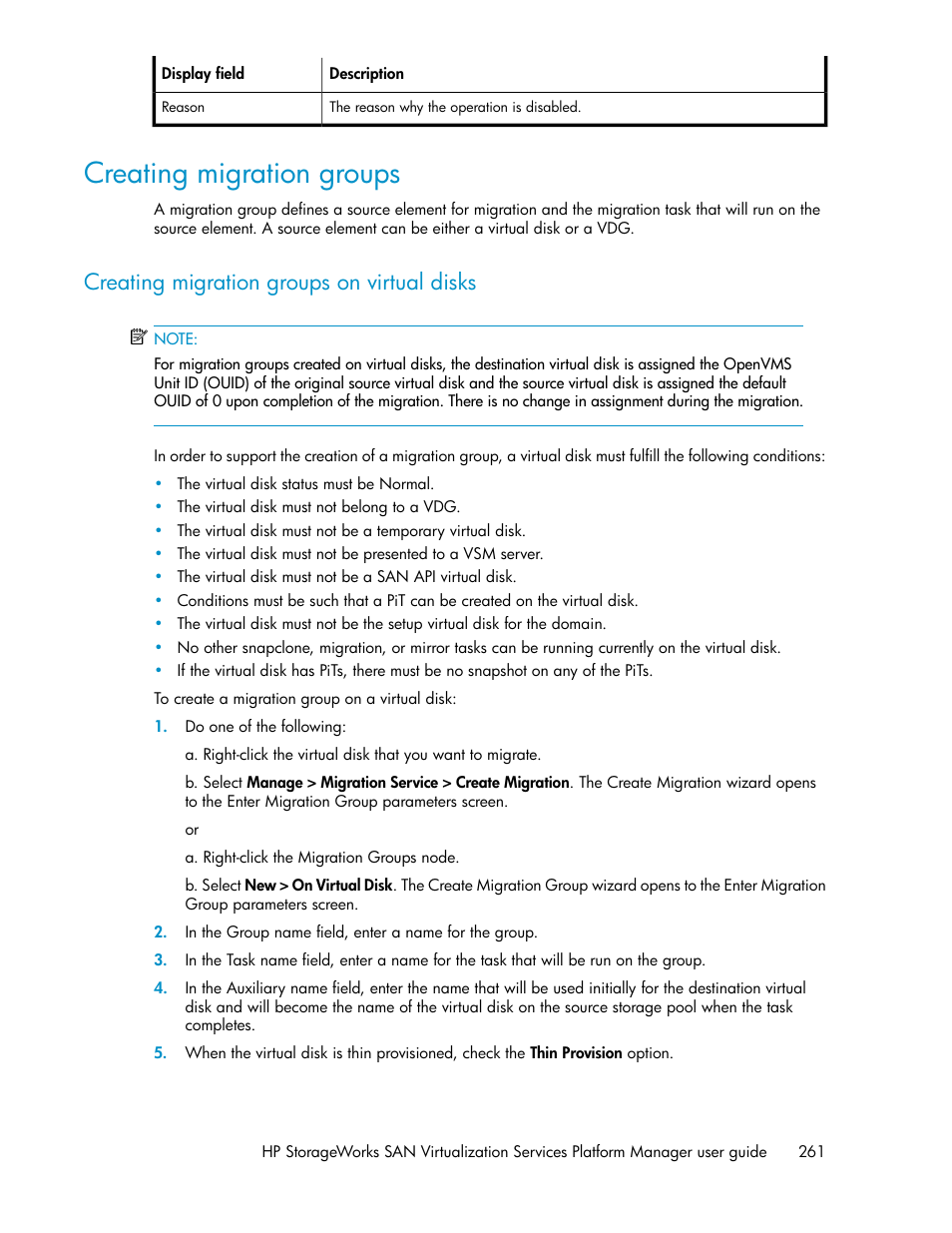 Creating migration groups, Creating migration groups on virtual disks | HP SAN Virtualization Services Platform User Manual | Page 261 / 398