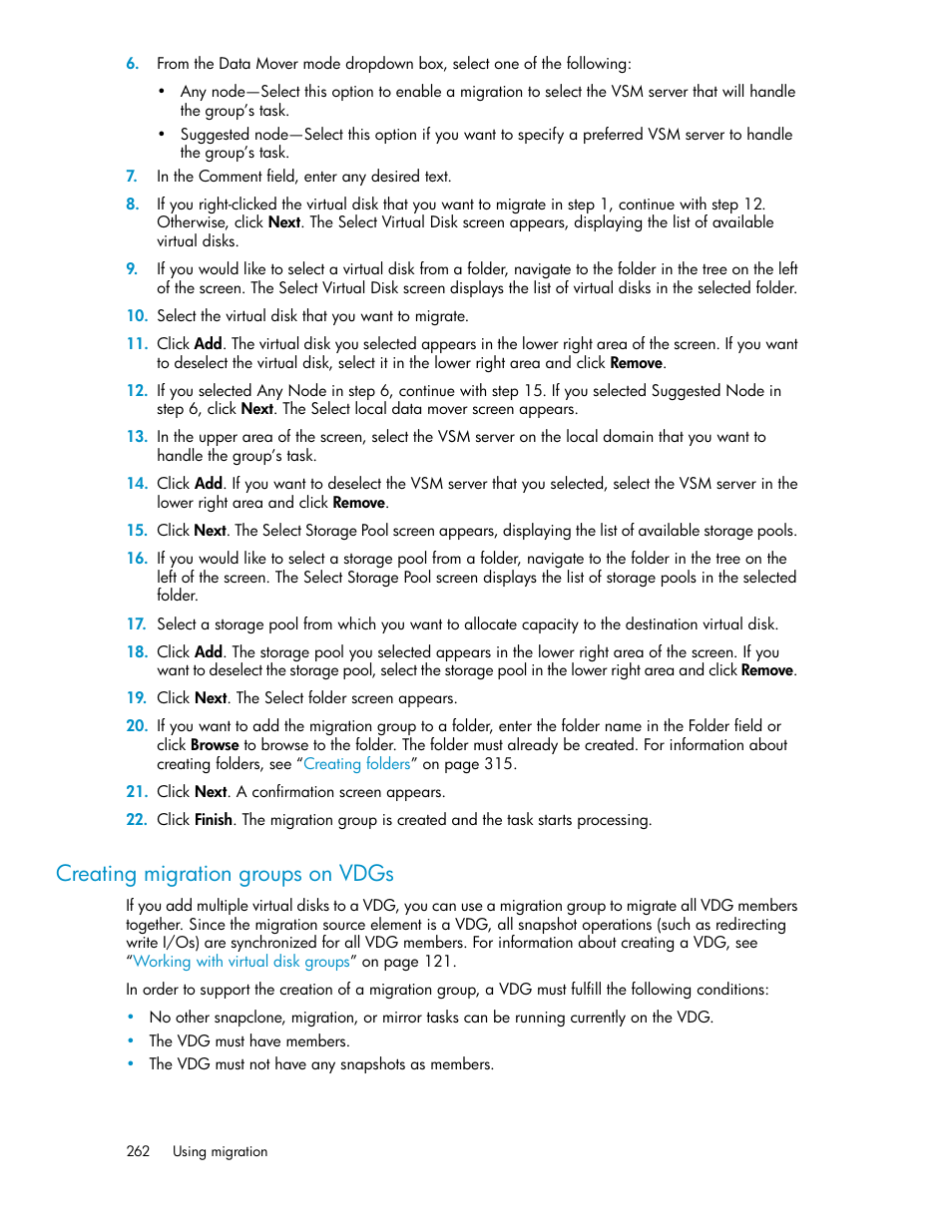 Creating migration groups on vdgs | HP SAN Virtualization Services Platform User Manual | Page 262 / 398
