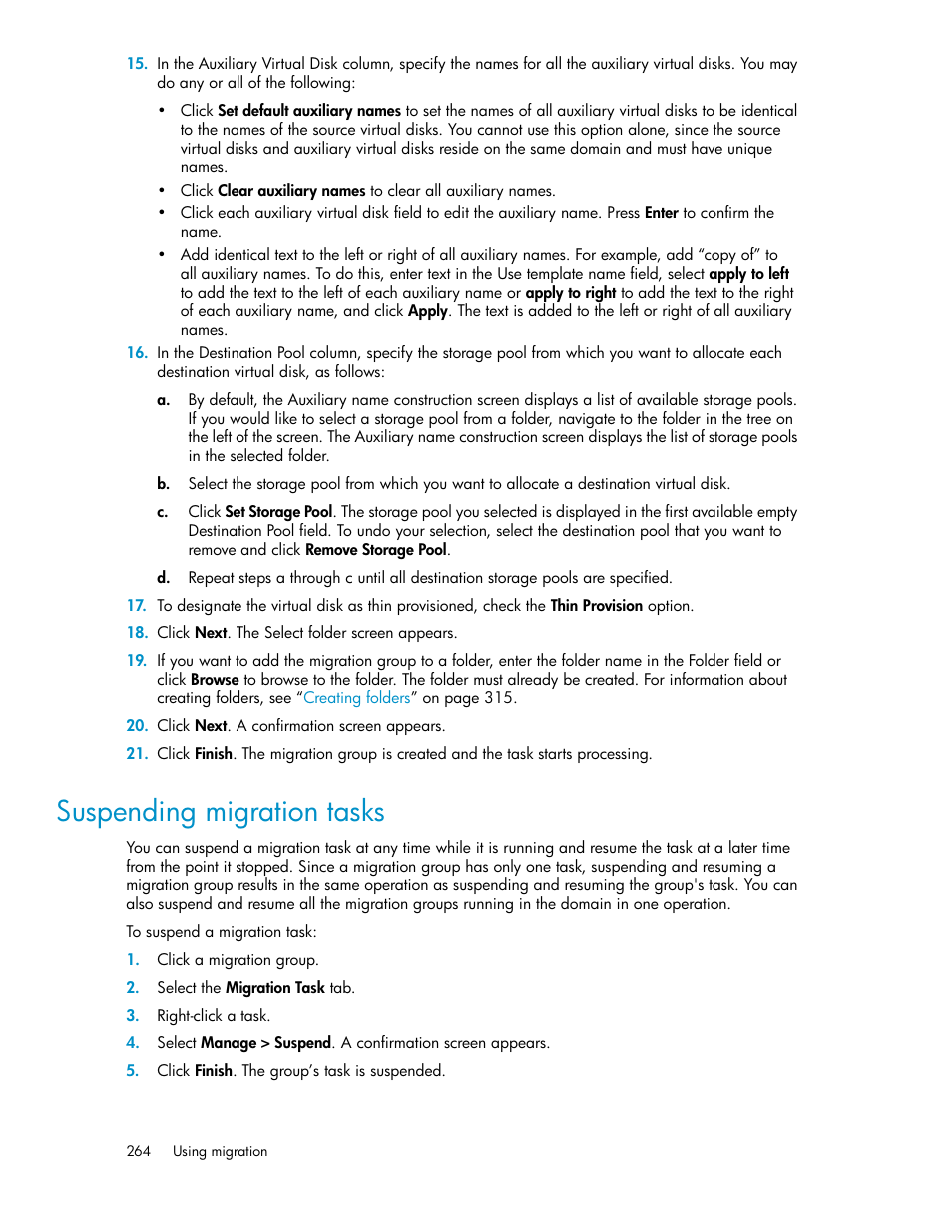 Suspending migration tasks | HP SAN Virtualization Services Platform User Manual | Page 264 / 398