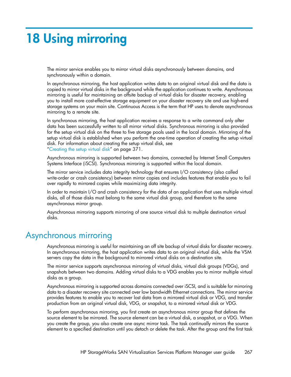 18 using mirroring, Asynchronous mirroring, Asynchronous mirror | Using mirroring | HP SAN Virtualization Services Platform User Manual | Page 267 / 398