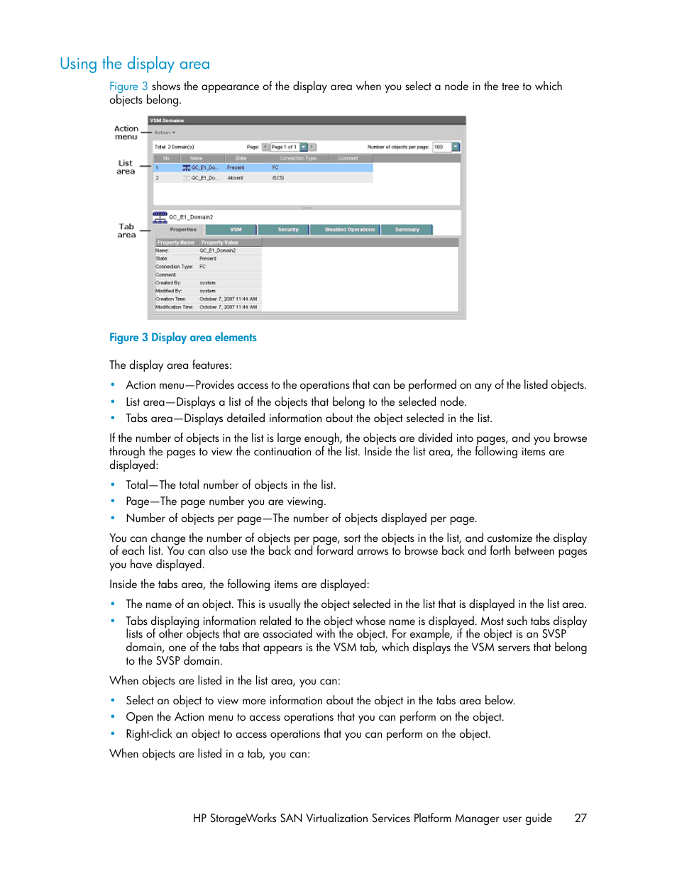 Using the display area, Display area elements | HP SAN Virtualization Services Platform User Manual | Page 27 / 398