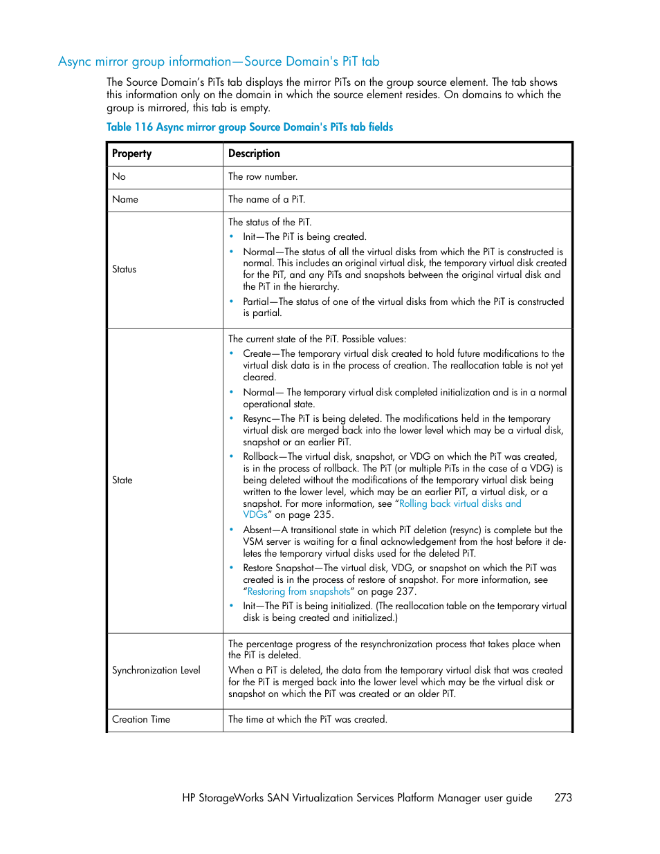 Async mirror group source domain's pits tab fields | HP SAN Virtualization Services Platform User Manual | Page 273 / 398