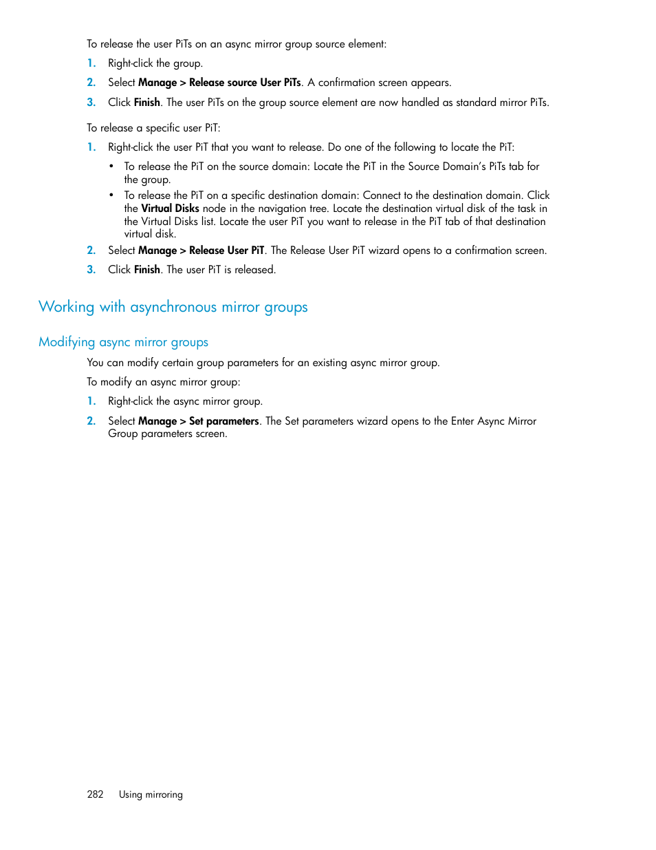 Working with asynchronous mirror groups, Modifying async mirror groups | HP SAN Virtualization Services Platform User Manual | Page 282 / 398