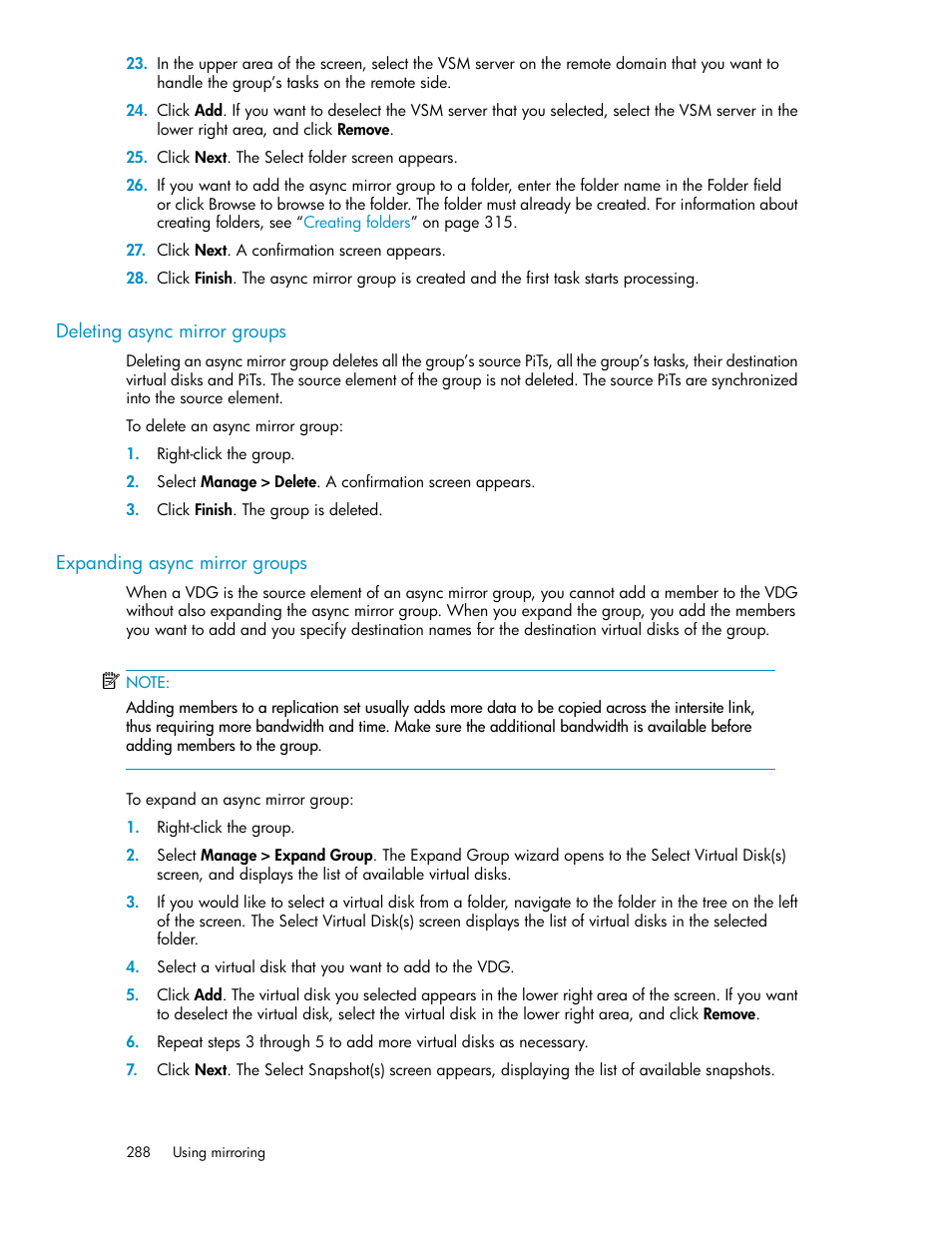 Deleting async mirror groups, Expanding async mirror groups, 288 expanding async mirror groups | HP SAN Virtualization Services Platform User Manual | Page 288 / 398