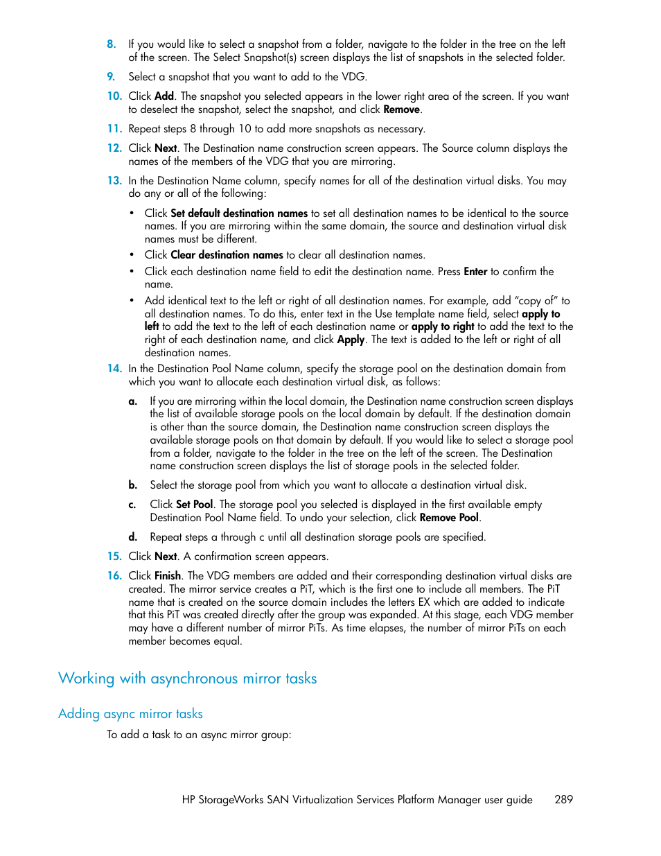 Working with asynchronous mirror tasks, Adding async mirror tasks | HP SAN Virtualization Services Platform User Manual | Page 289 / 398