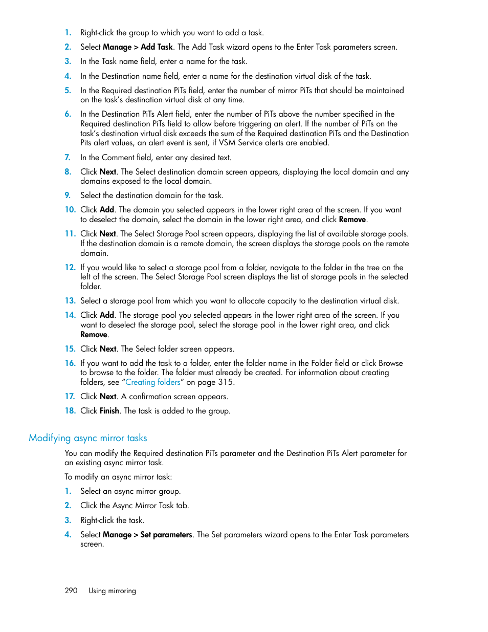 Modifying async mirror tasks | HP SAN Virtualization Services Platform User Manual | Page 290 / 398