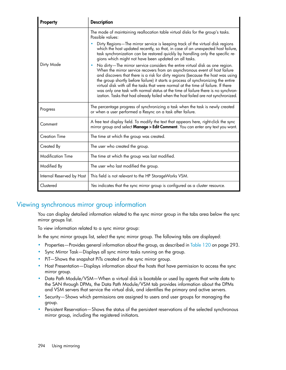 Viewing synchronous mirror group information | HP SAN Virtualization Services Platform User Manual | Page 294 / 398
