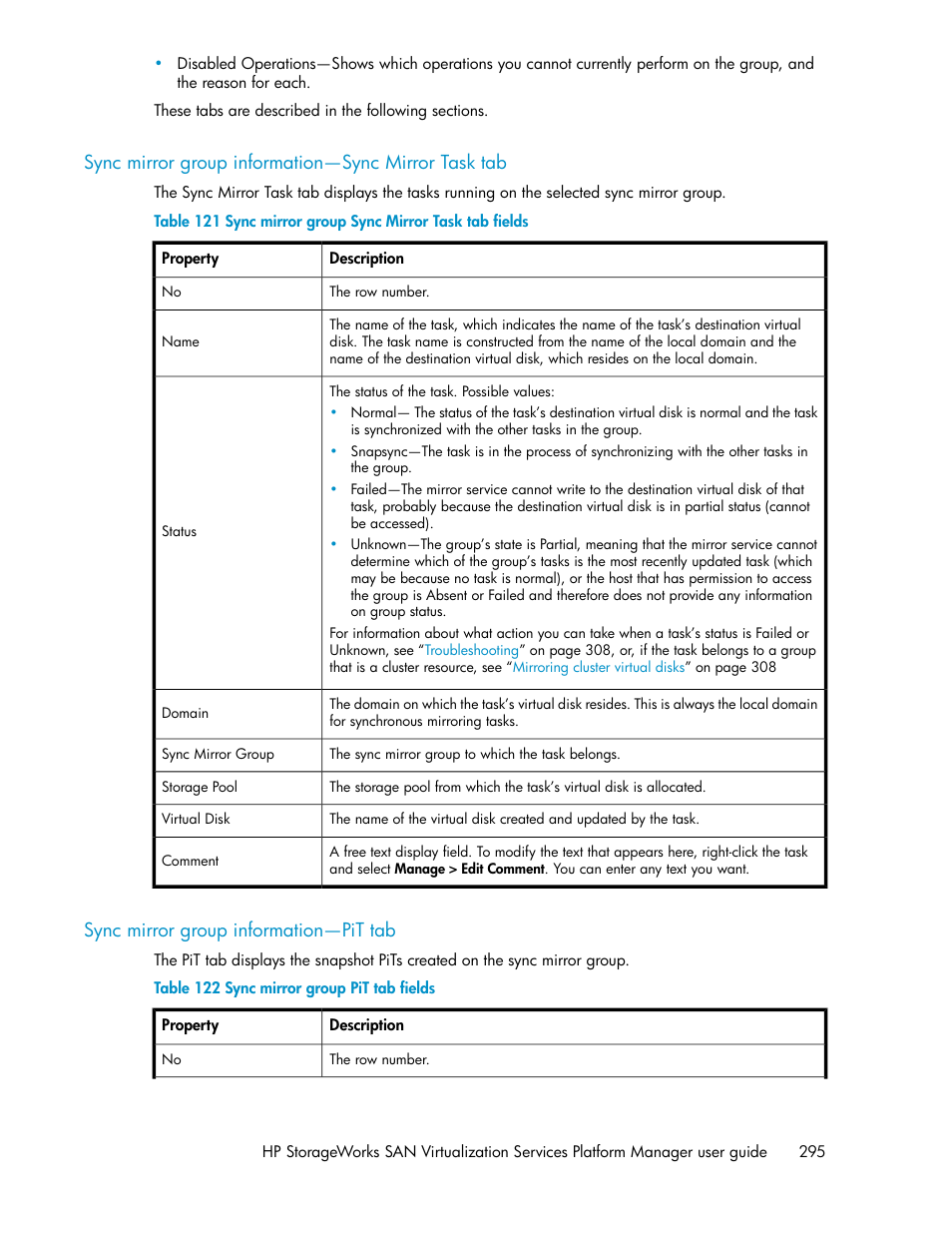 Sync mirror group information—sync mirror task tab, Sync mirror group information—pit tab, 295 sync mirror group information—pit tab | Sync mirror group sync mirror task tab fields, Sync mirror group pit tab fields | HP SAN Virtualization Services Platform User Manual | Page 295 / 398