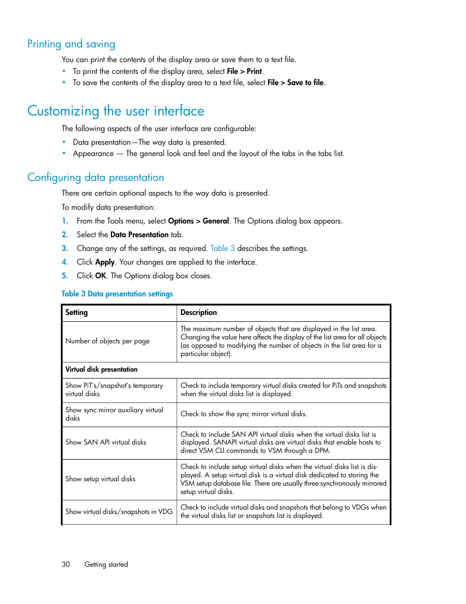Printing and saving, Customizing the user interface, Configuring data presentation | Data presentation settings | HP SAN Virtualization Services Platform User Manual | Page 30 / 398