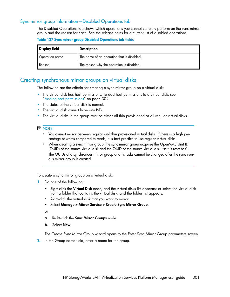 Sync mirror group disabled operations tab fields | HP SAN Virtualization Services Platform User Manual | Page 301 / 398