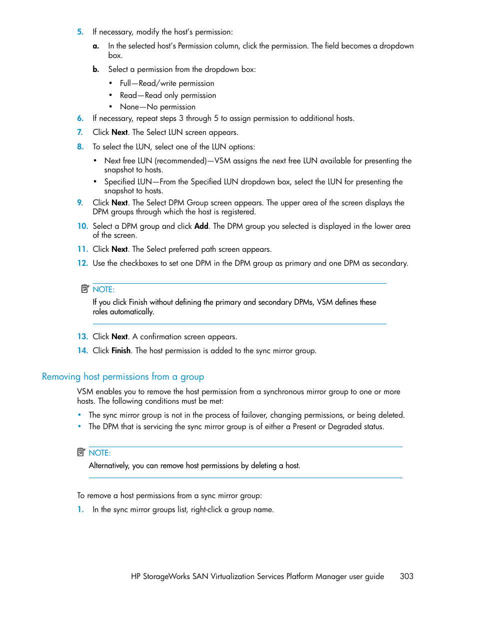 Removing host permissions from a group | HP SAN Virtualization Services Platform User Manual | Page 303 / 398