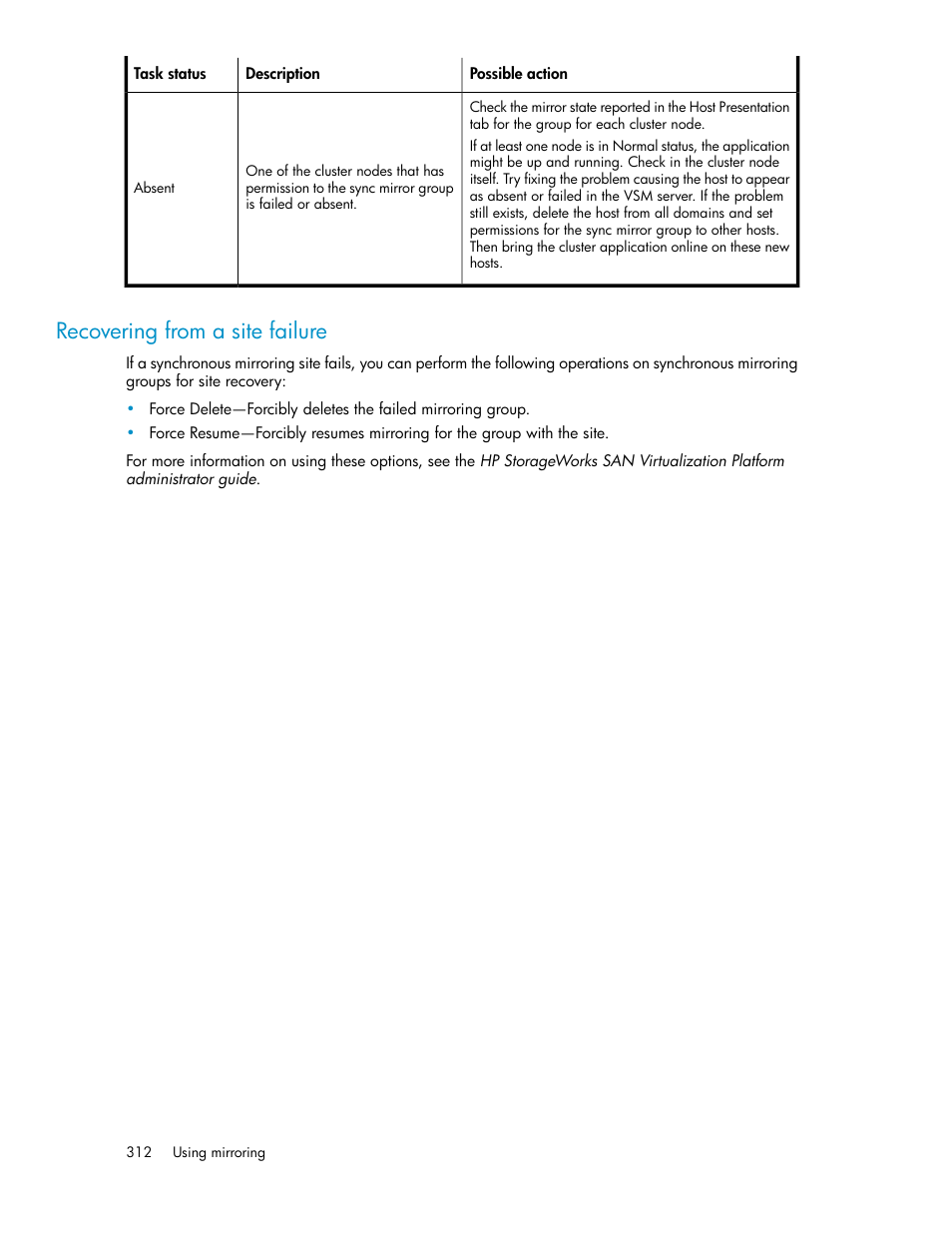 Recovering from a site failure | HP SAN Virtualization Services Platform User Manual | Page 312 / 398