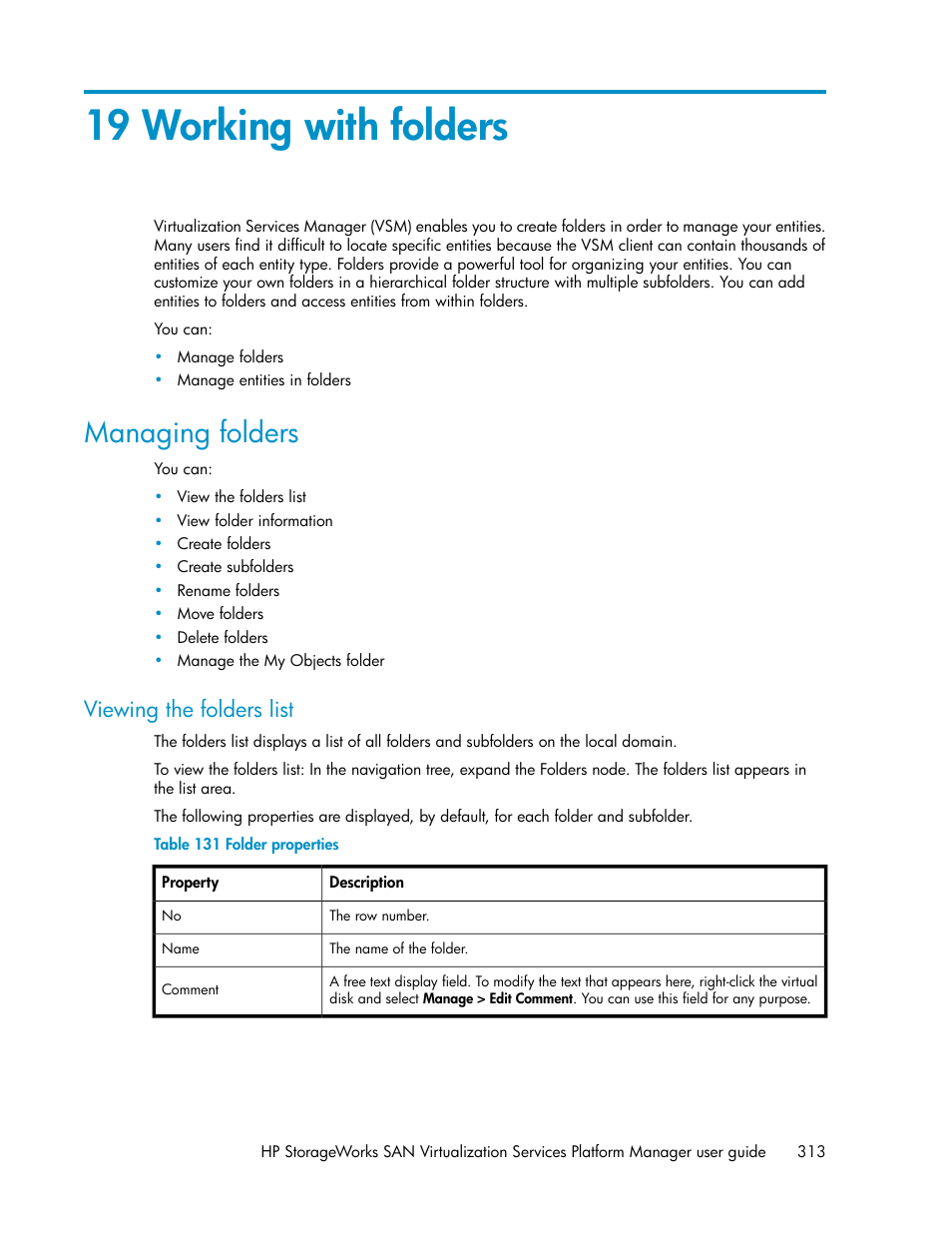 19 working with folders, Managing folders, Viewing the folders list | Folder properties | HP SAN Virtualization Services Platform User Manual | Page 313 / 398